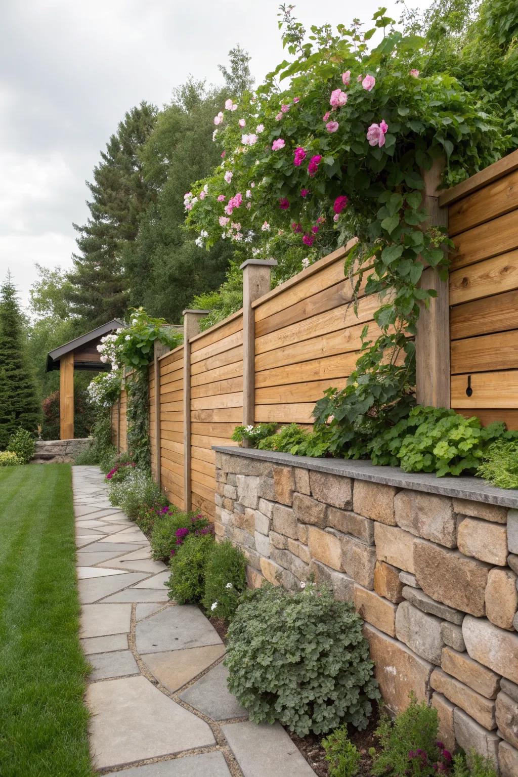 Natural elements like wood and stone create an earthy feel in your garden.