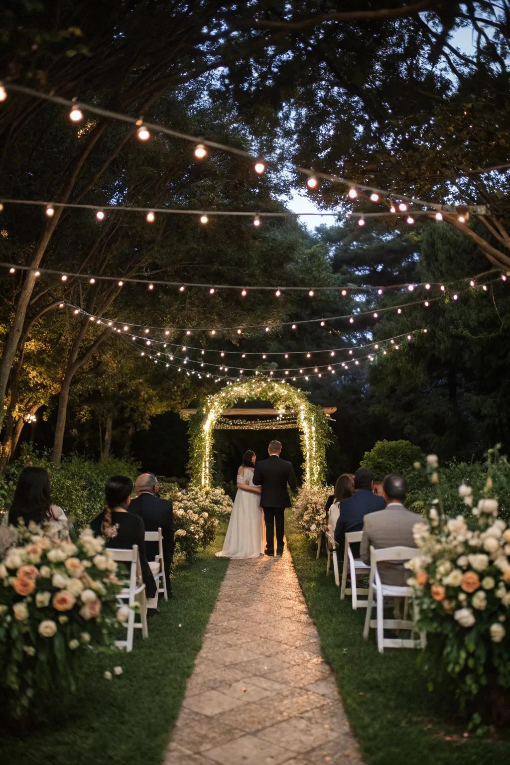 String lights casting a warm glow over the garden wedding.