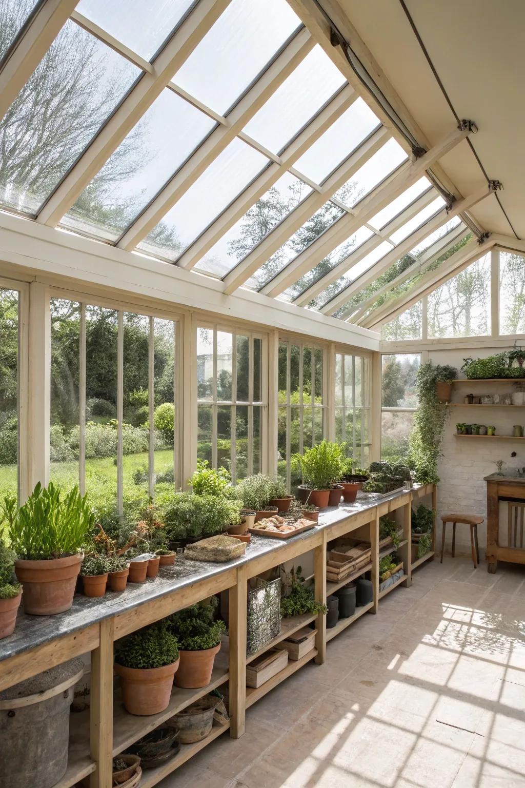 A bright and inviting garden workshop with ample natural light.