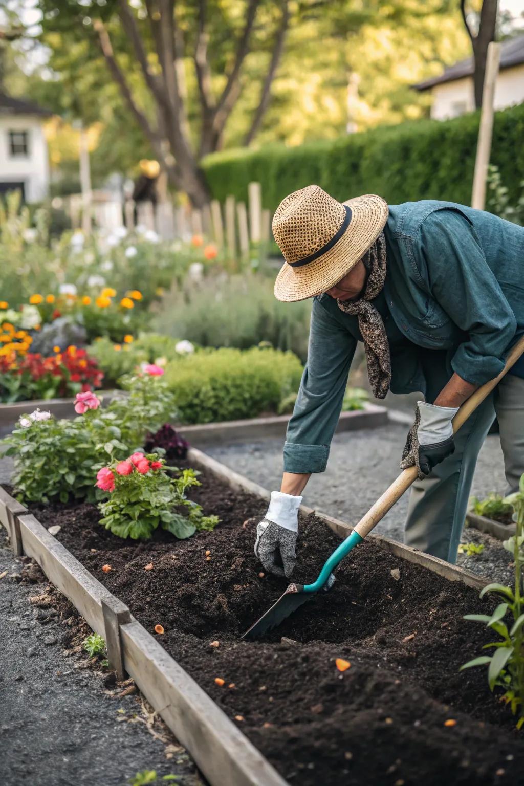 A gardener preparing rich soil for planting.