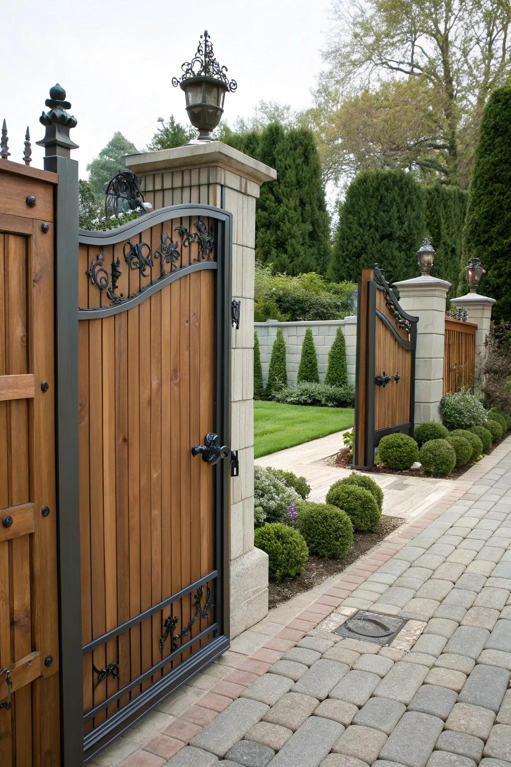 Gate combining wood and metal materials.