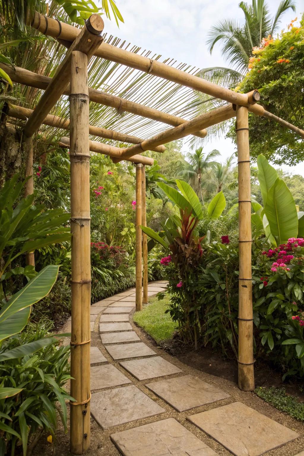 A bamboo arbor provides an eco-friendly and harmonious touch to garden spaces.