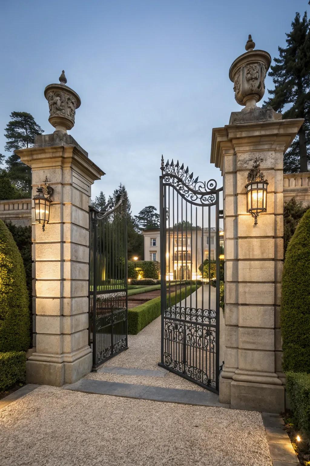 Stone and metal fusion creates a grand and durable gate.