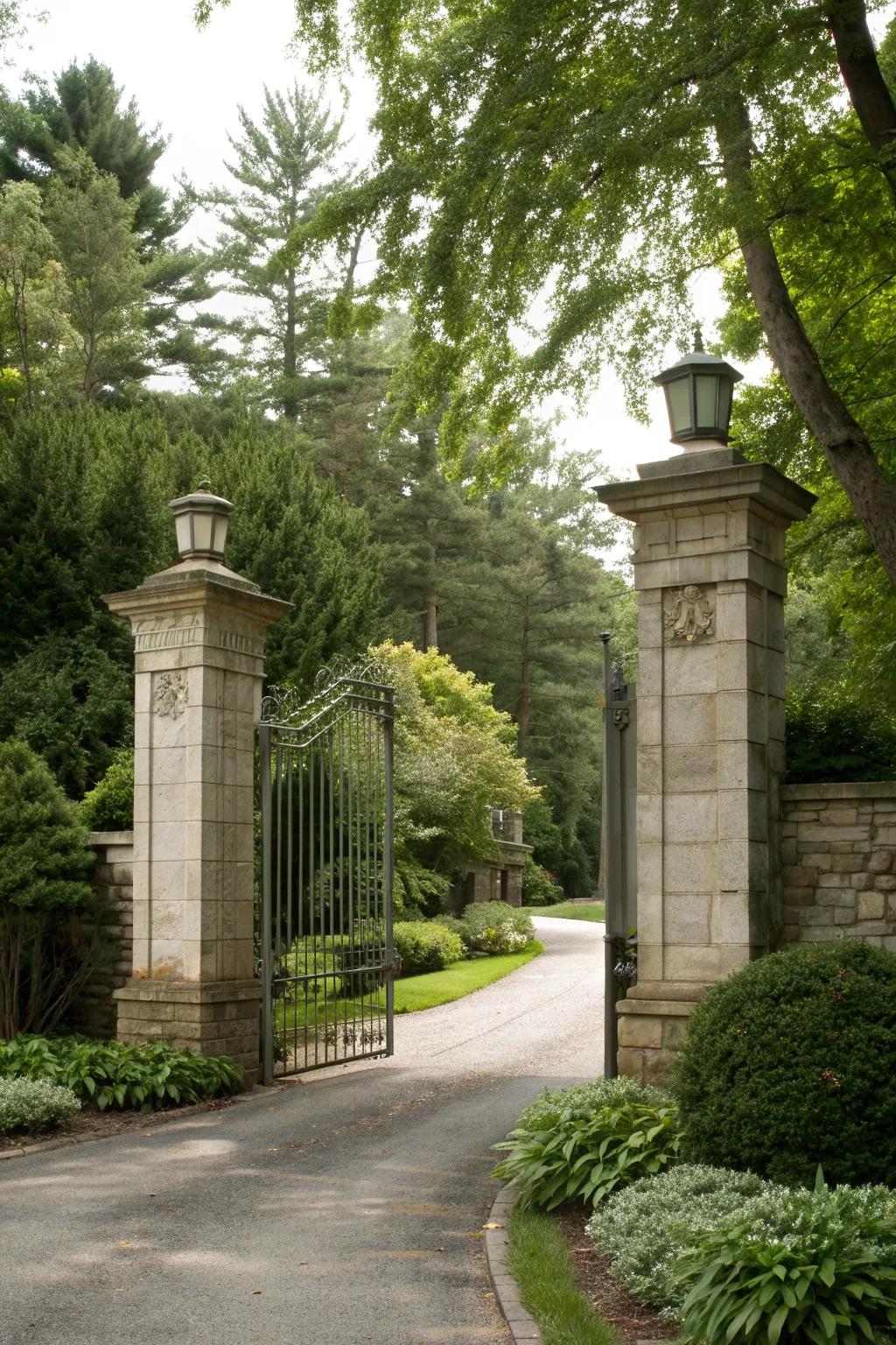 Stone pillars that add a touch of grandeur to the gate design.