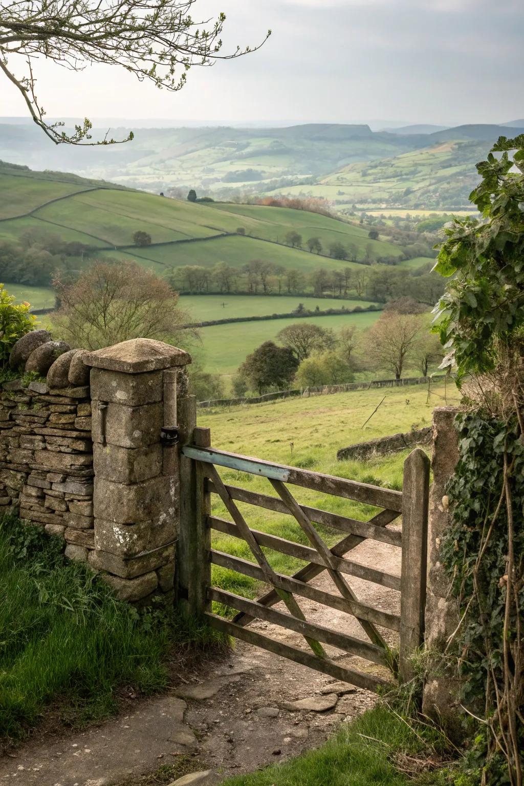 A rustic stone and wood gate in a country setting.