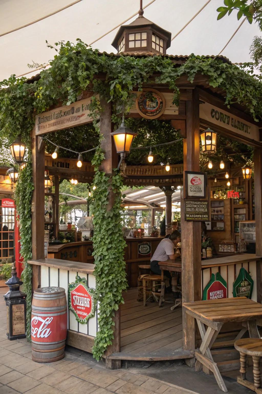 A vintage-themed gazebo bar with charming antique touches.