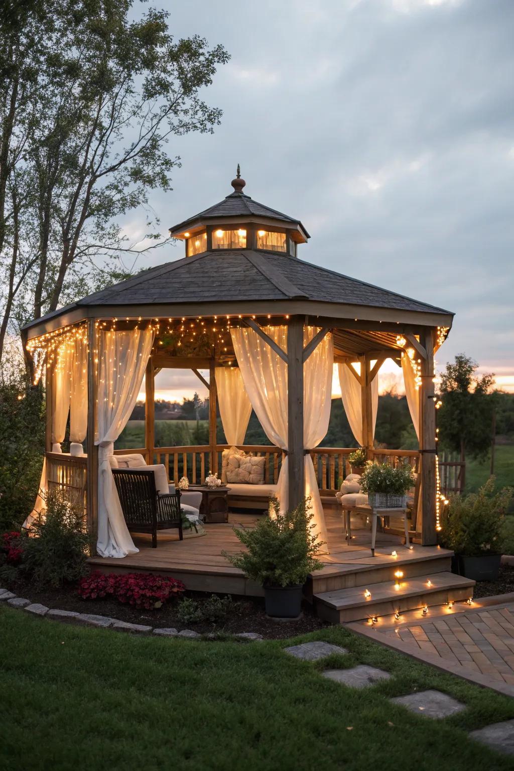 Create a romantic ambiance with elegantly lit gazebos.