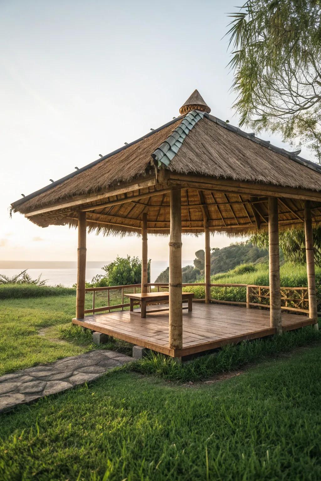A creative bamboo roof offers both style and shade for this gazebo.