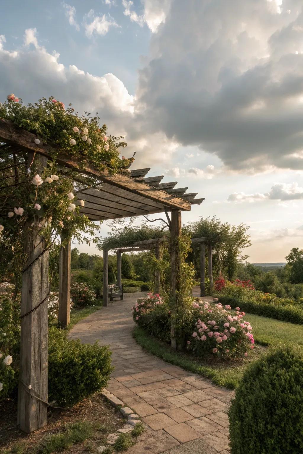 A rustic pergola offering shade and style.