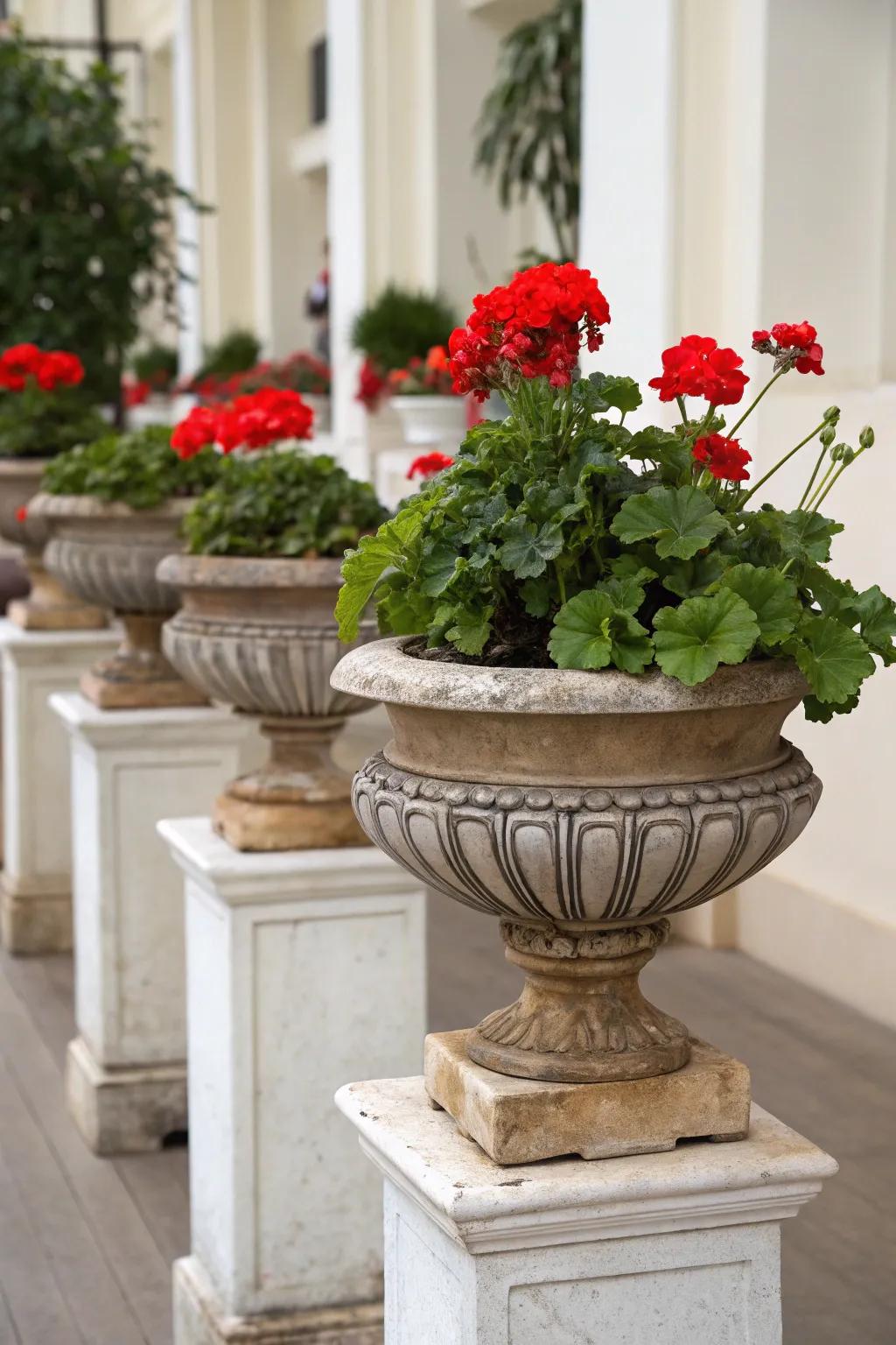 Geraniums displayed in ornamental planters on pedestals.