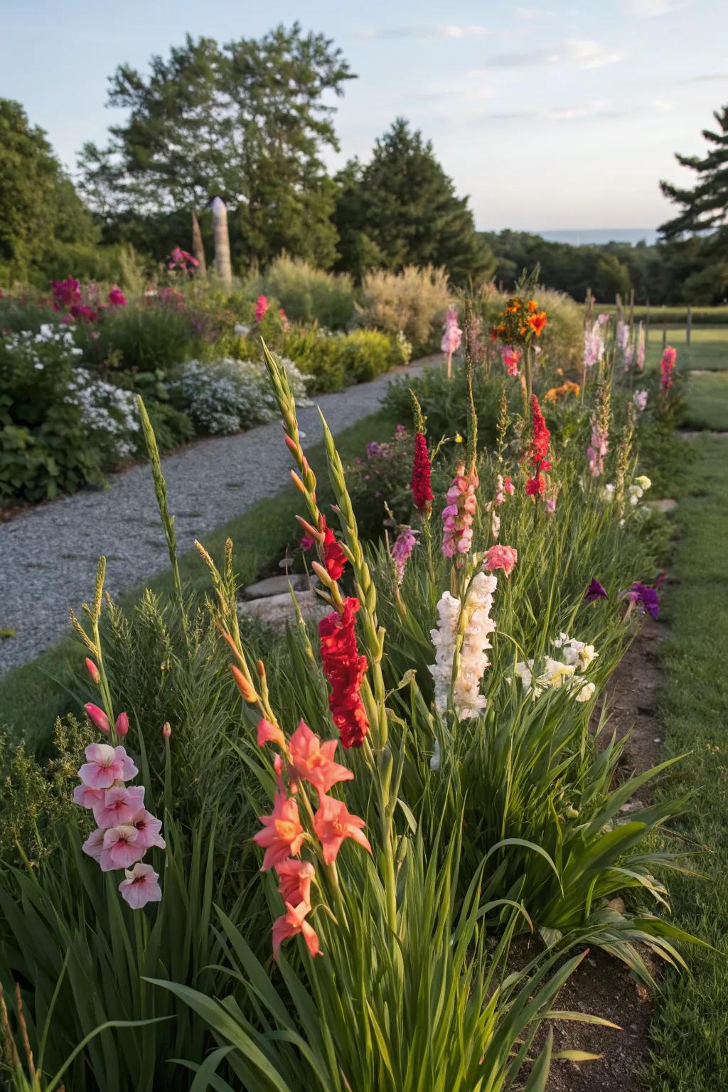 Gladiolus in a naturalistic setting alongside grasses.