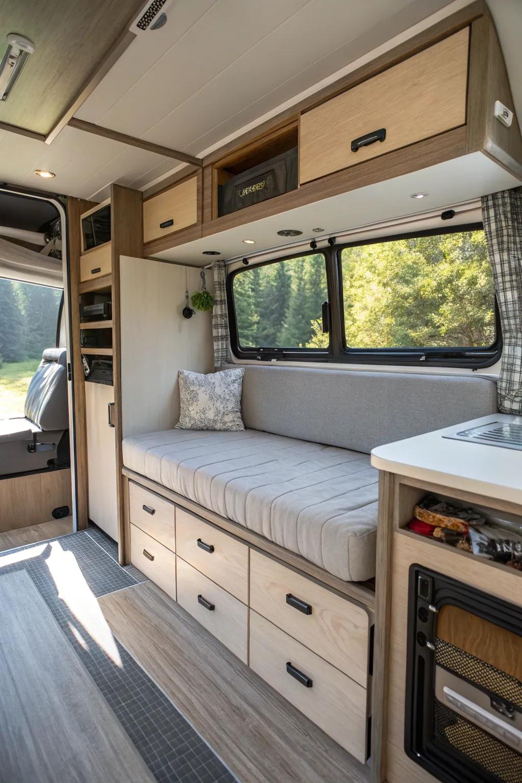 Multi-functional furniture providing stylish storage in an RV