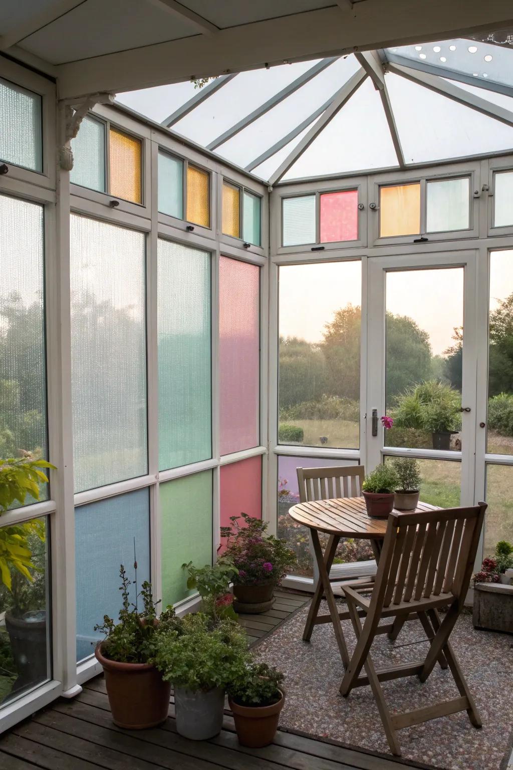 A vibrant glass porch with colorful frosted glass panels.
