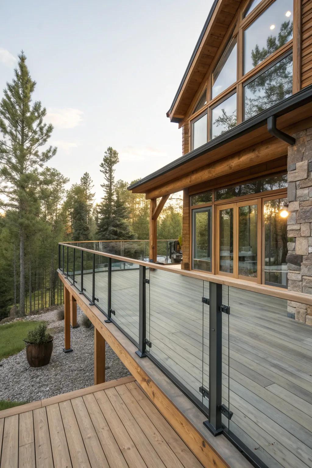 A harmonious blend of wood and glass railings on a stylish deck.