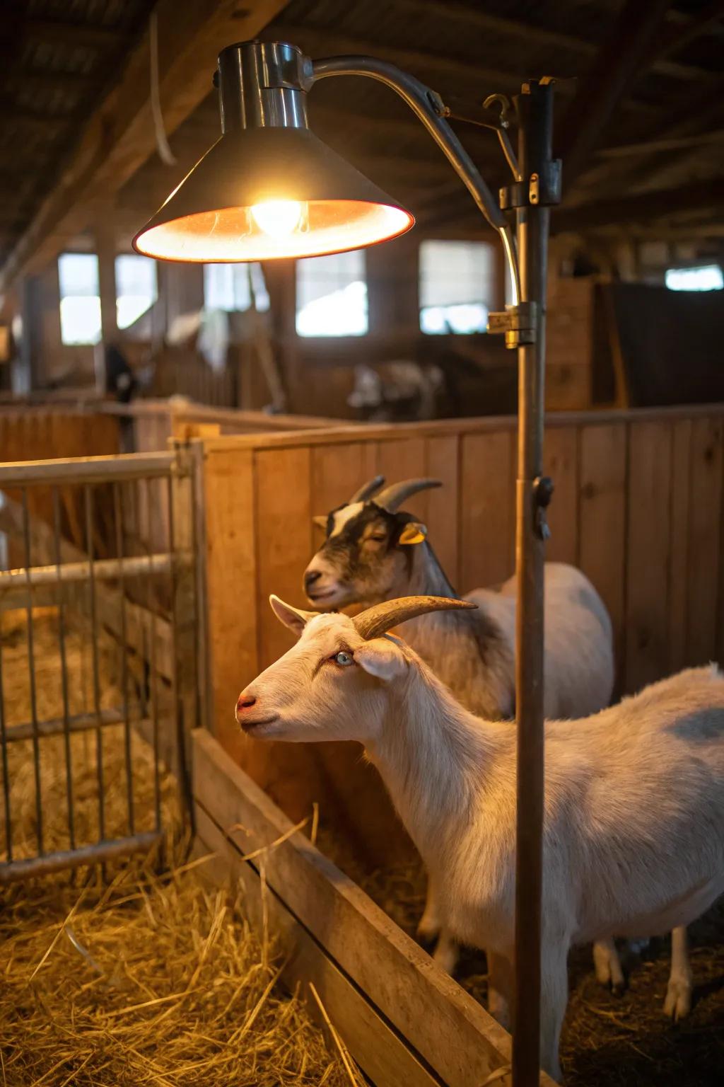 Heat lamps keep the kidding pen warm and comfortable.