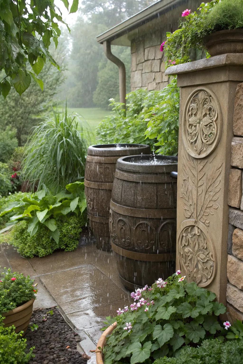 Elegantly integrated rain barrels with decorative stonework