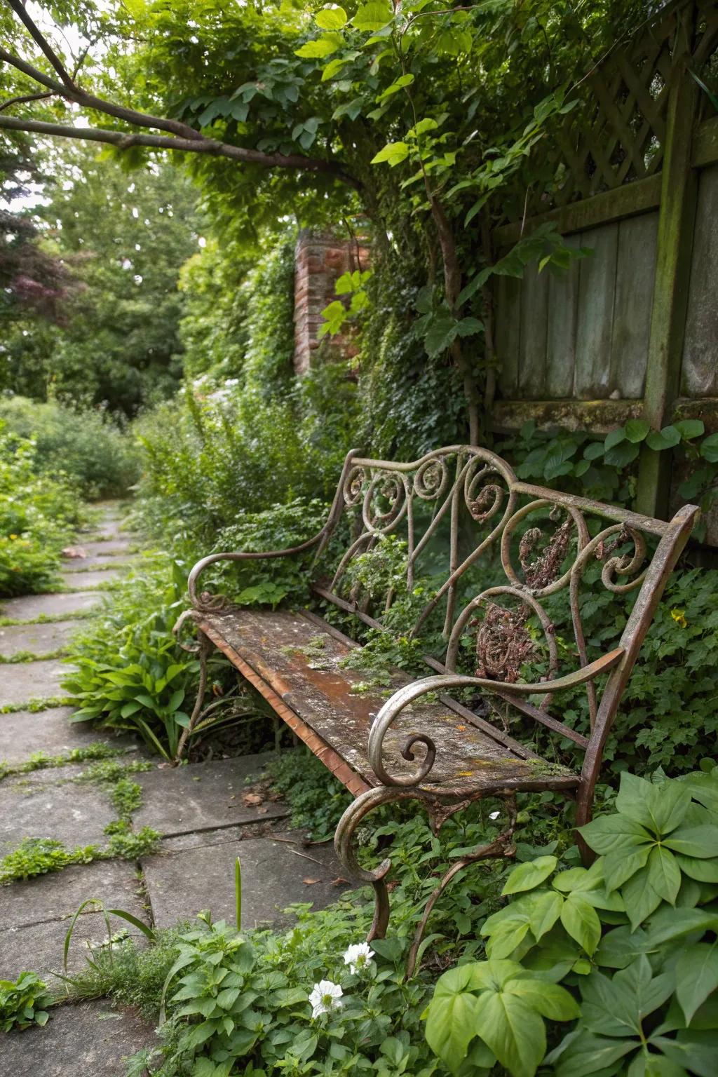 A wrought iron bench invites one to rest and reflect.