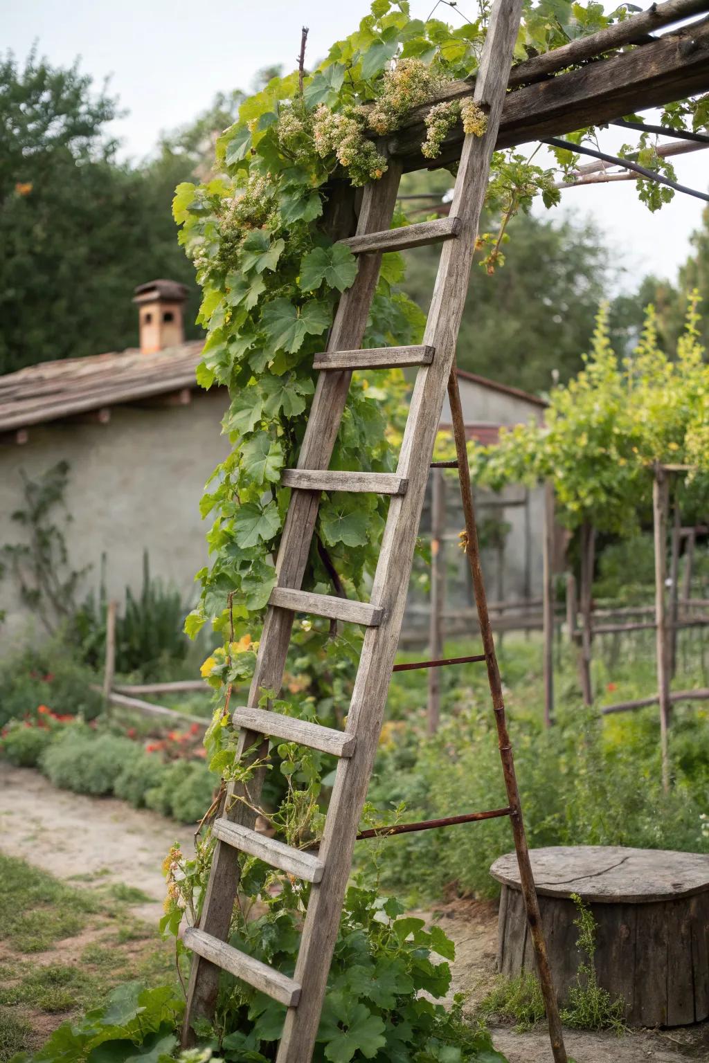 A whimsical ladder trellis adding vertical charm to a garden.