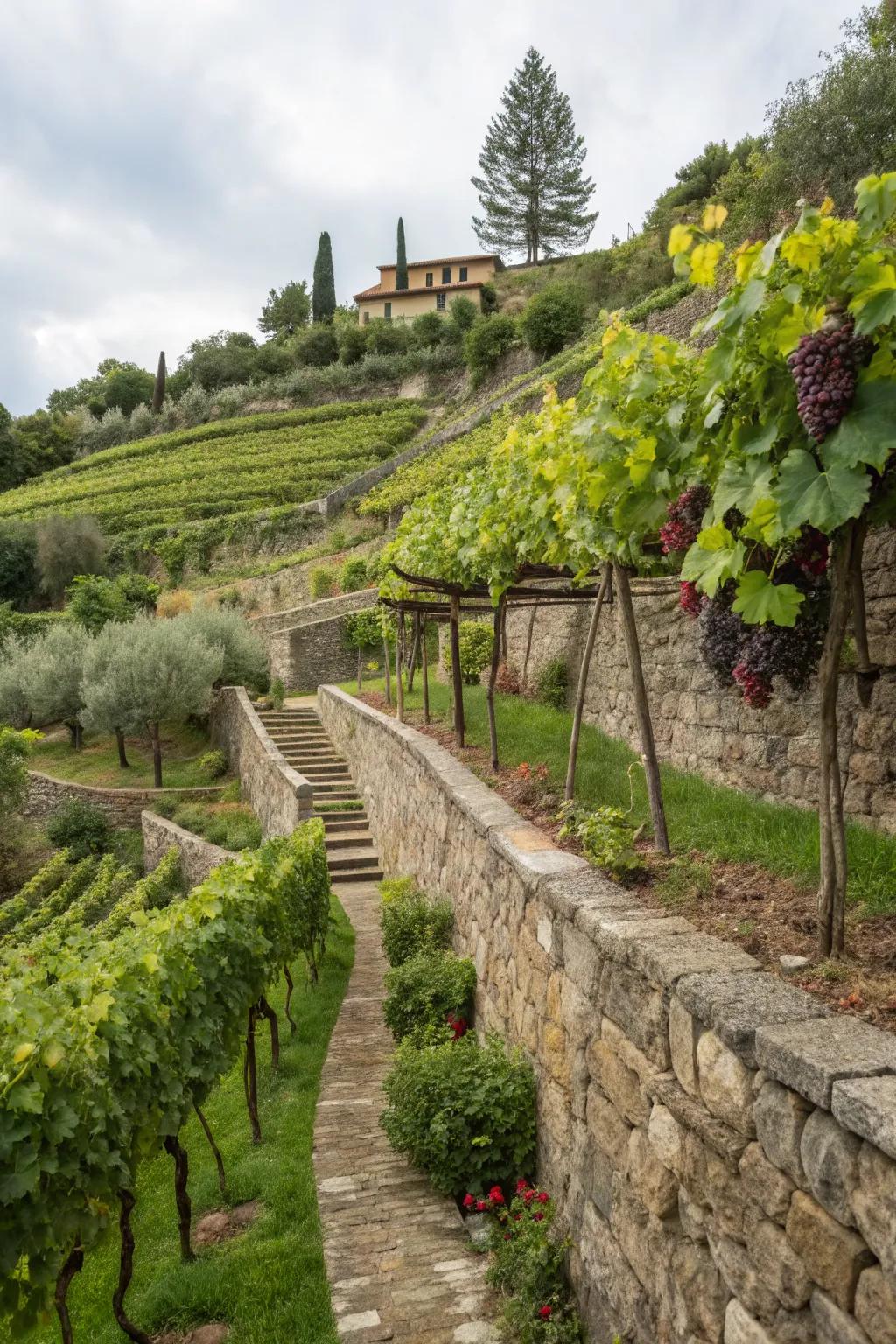 Terraced gardening with grapevines maximizes space and style.