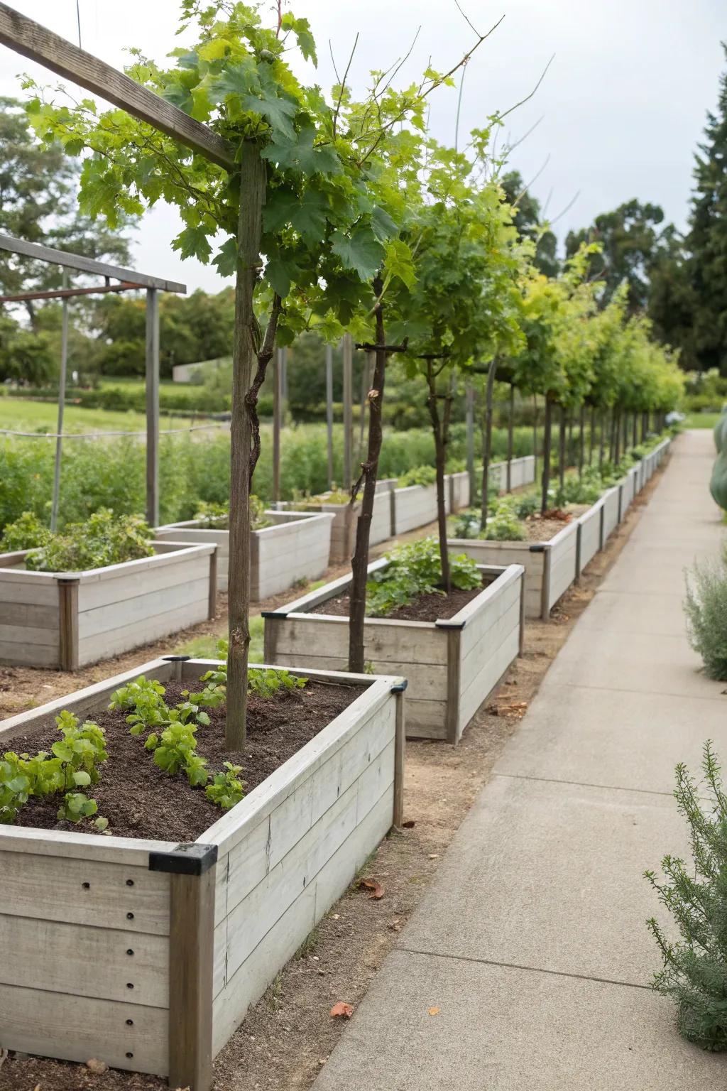 Raised planters paired with trellises, offering a clean and efficient garden design.