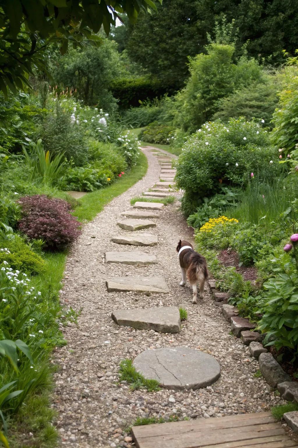 Dog navigating a stepping stone and gravel path