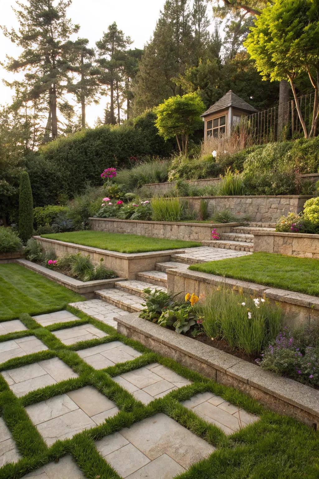 Add depth to your garden with multi-level grass and paver designs.