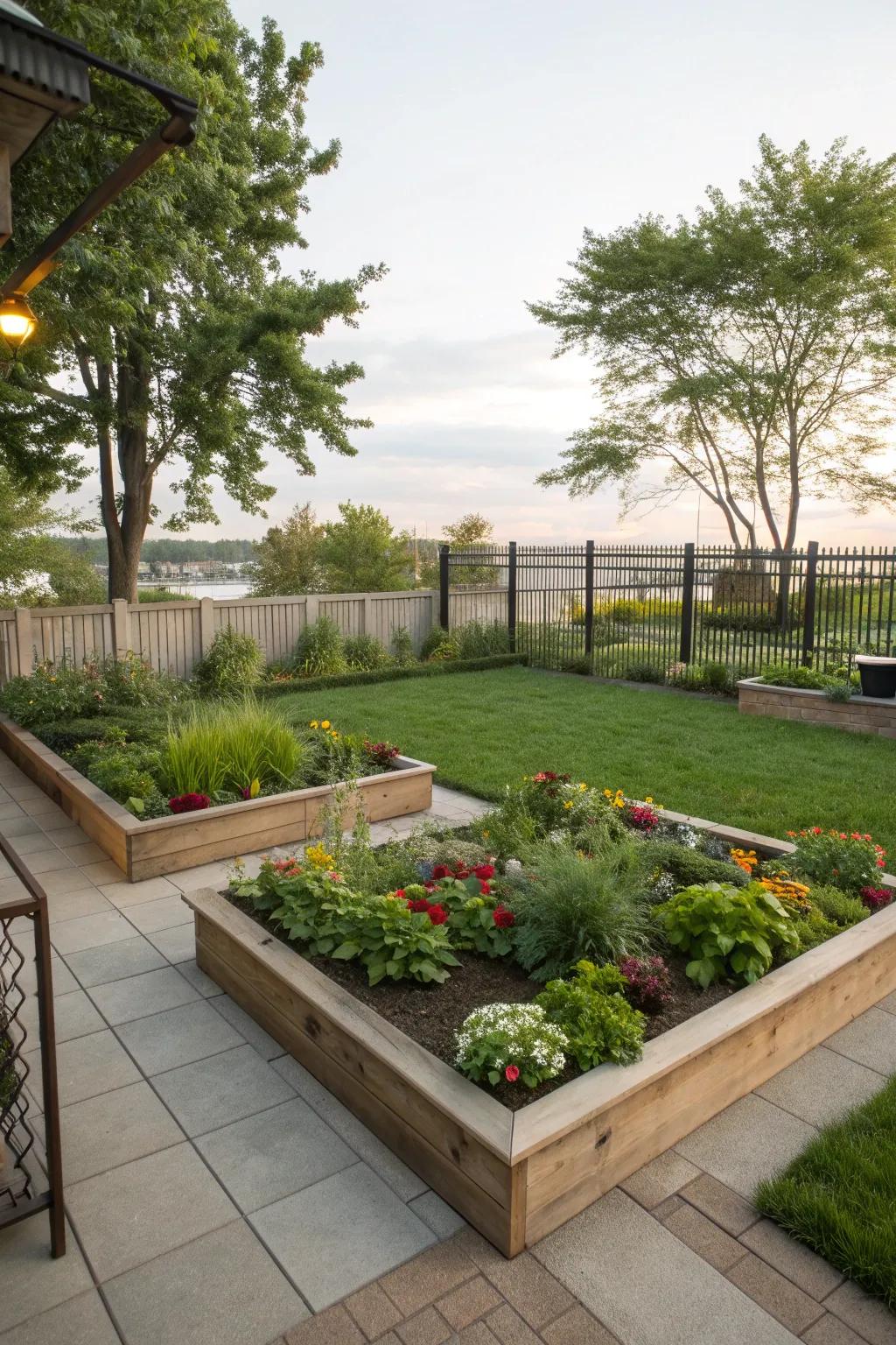 Garden beds add lush greenery to your grass patio.