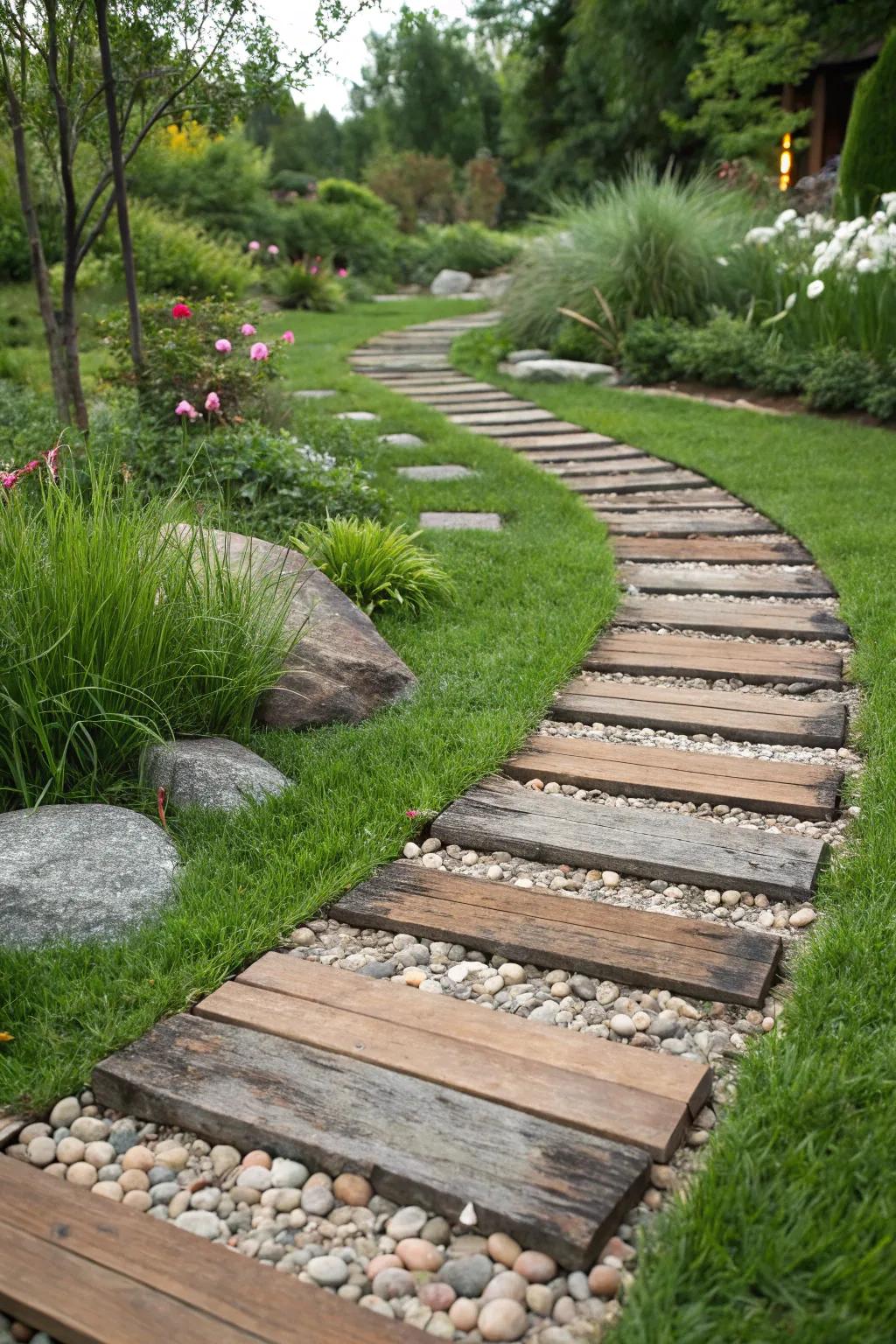 A grass walkway with mixed materials for a unique texture.