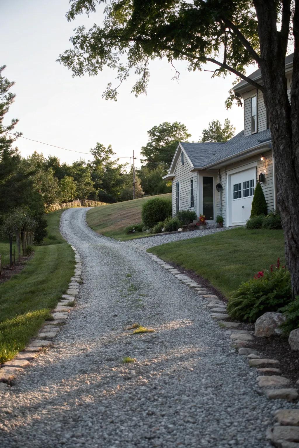 A sloped gravel driveway that effectively channels water away.