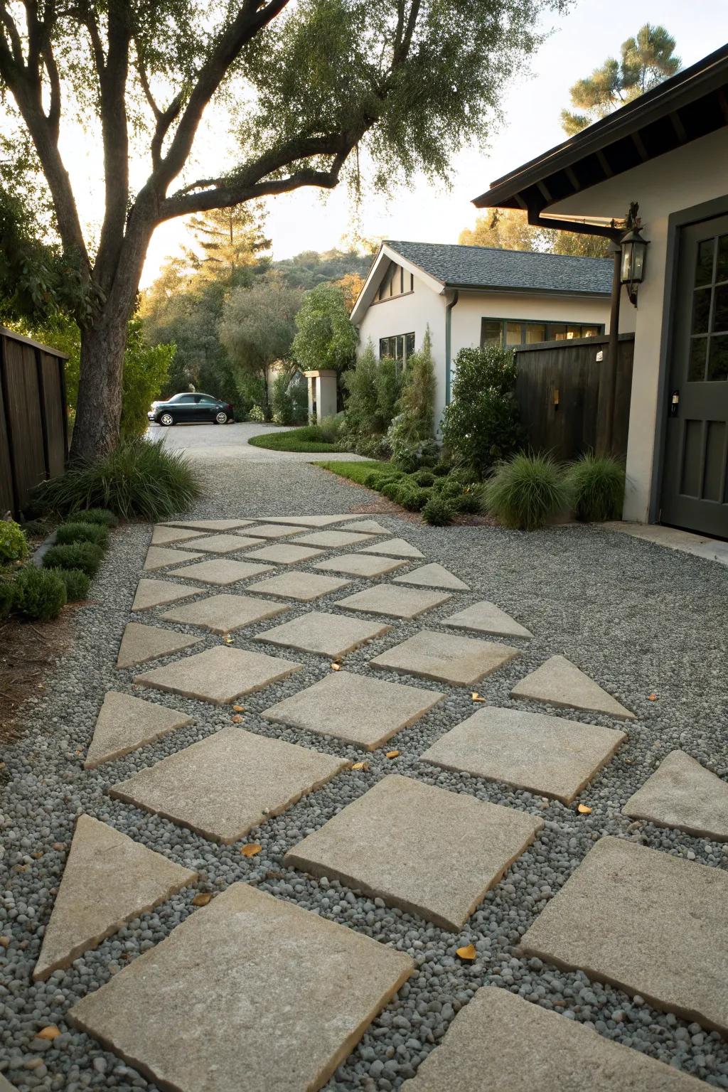 Pavers embedded in gravel add a touch of modern style.