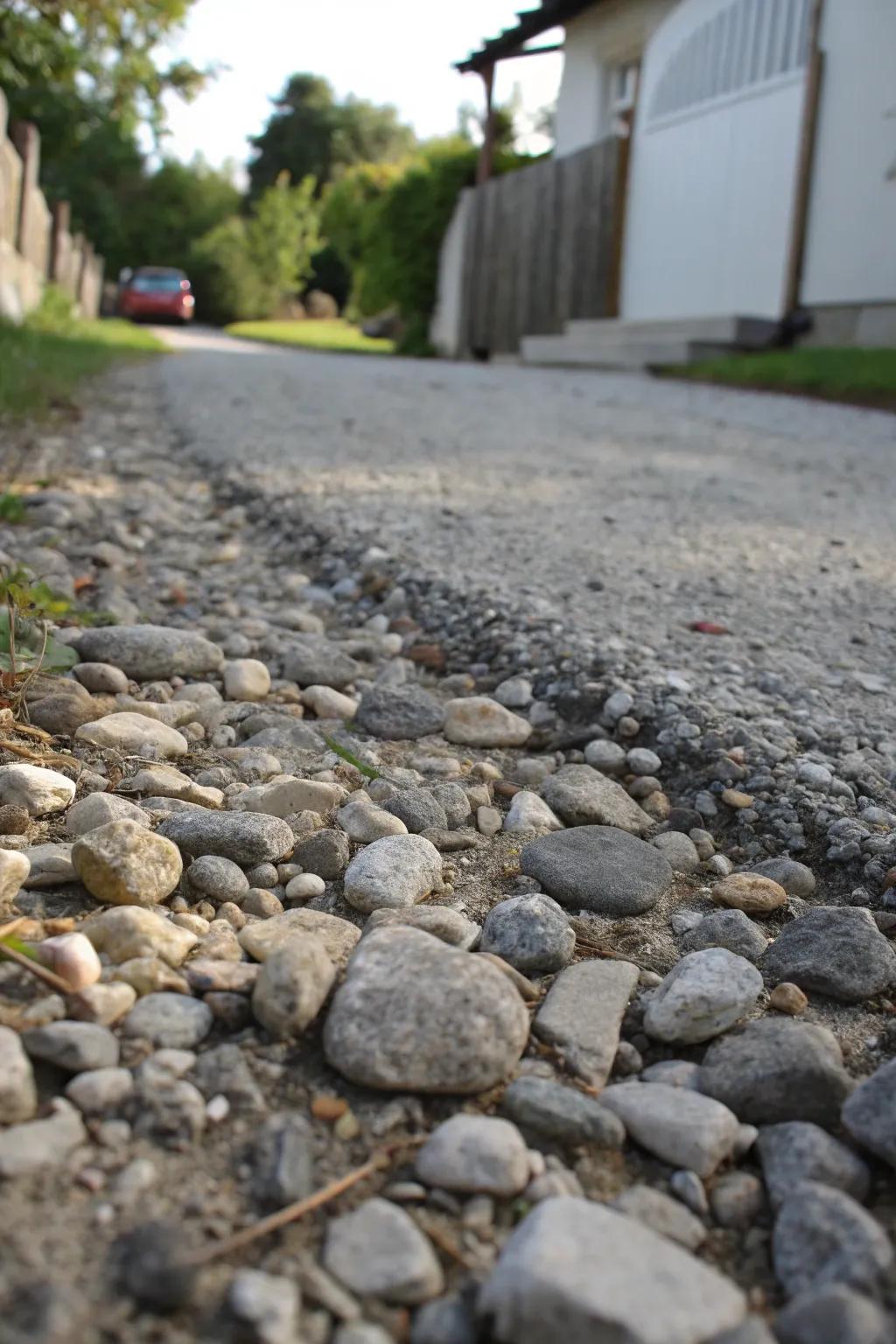 A gravel driveway with a variety of gravel textures.