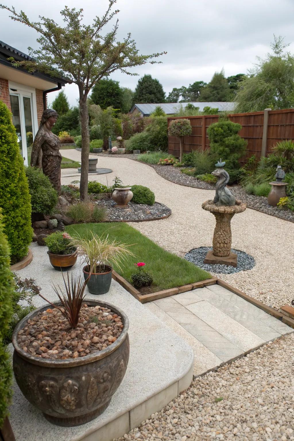 Sculptural elements add personality to a gravel garden.