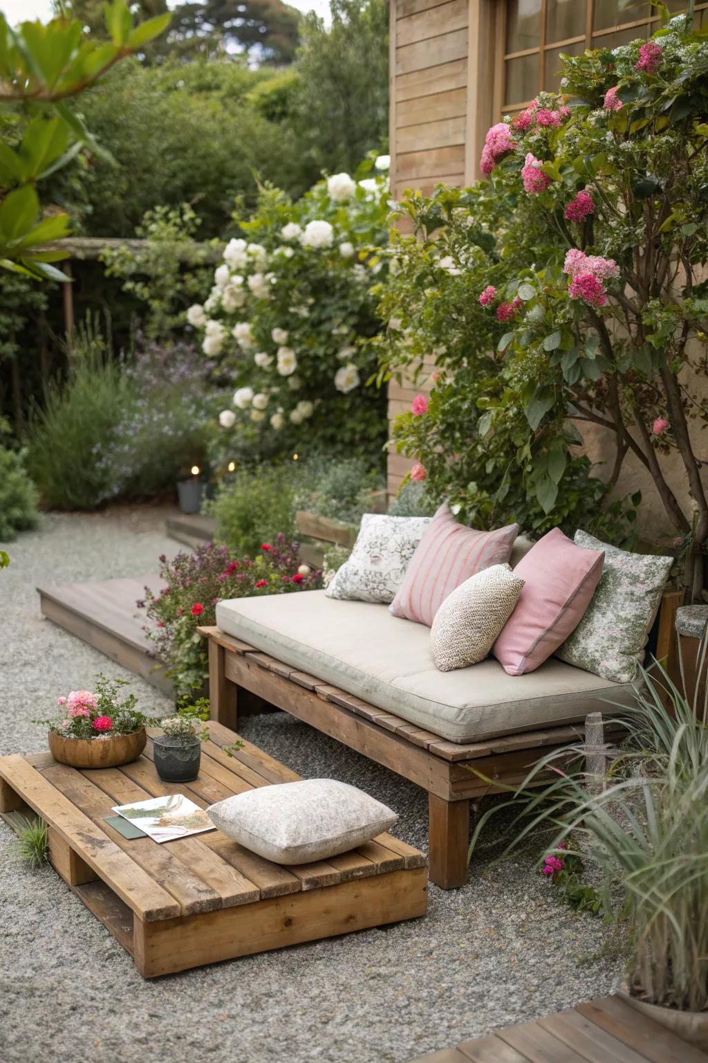 Cozy gravel seating area with cushions and greenery.