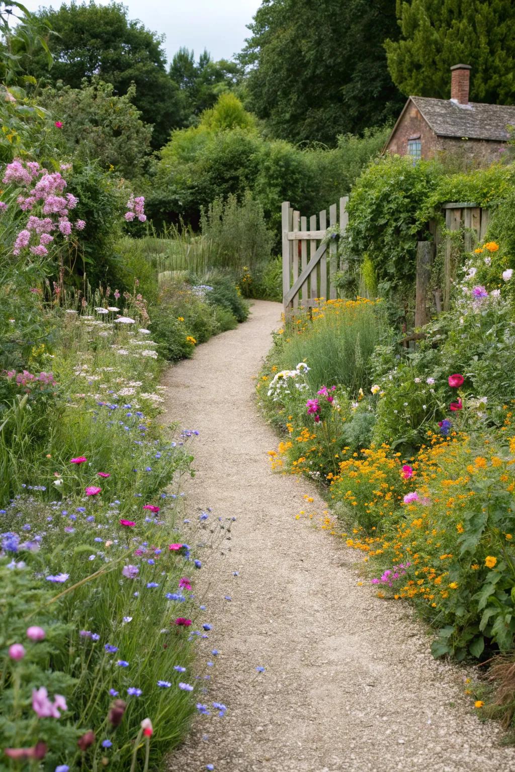 A charming pea gravel path in a quaint garden