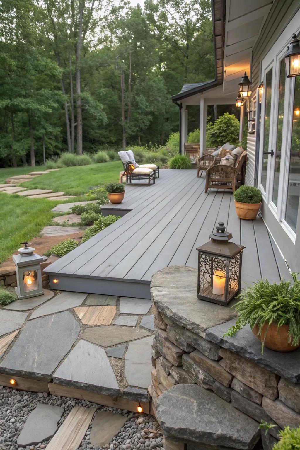 Blend rustic charm with modern elegance using gray and stone.