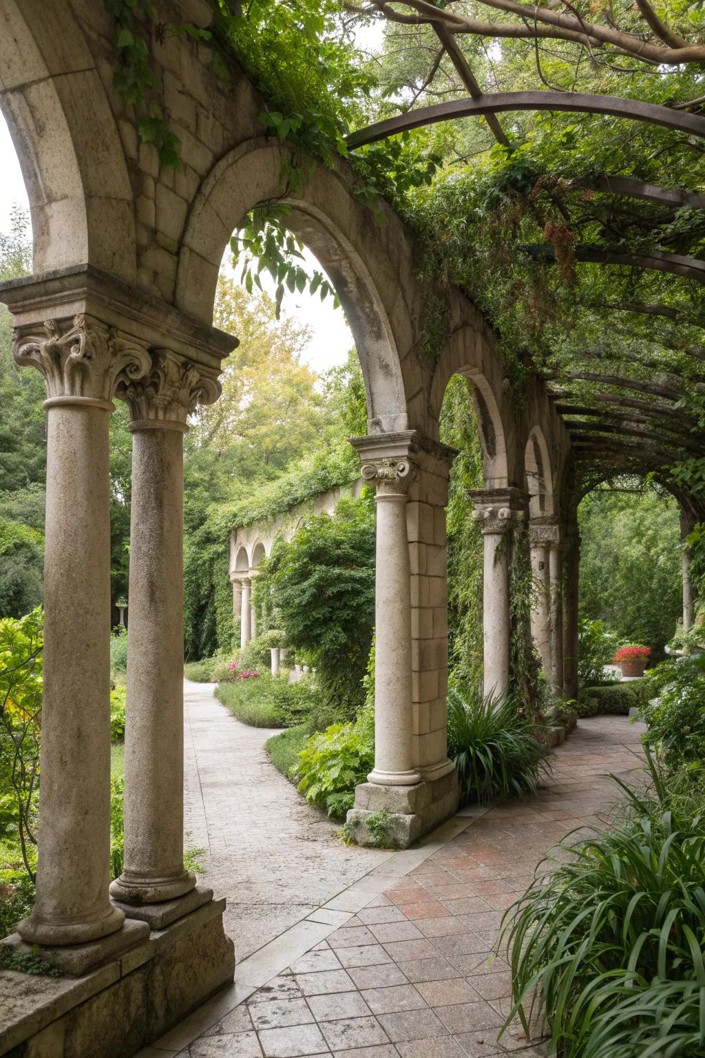 Stone arches and columns add classical elegance to garden spaces.