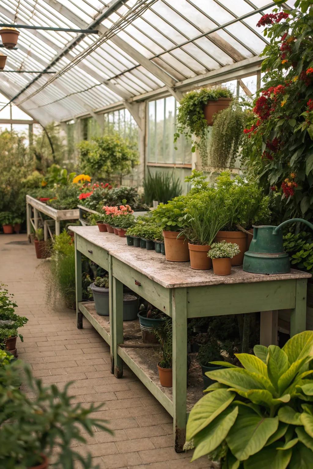 Functional furniture blends utility with beauty in your greenhouse.