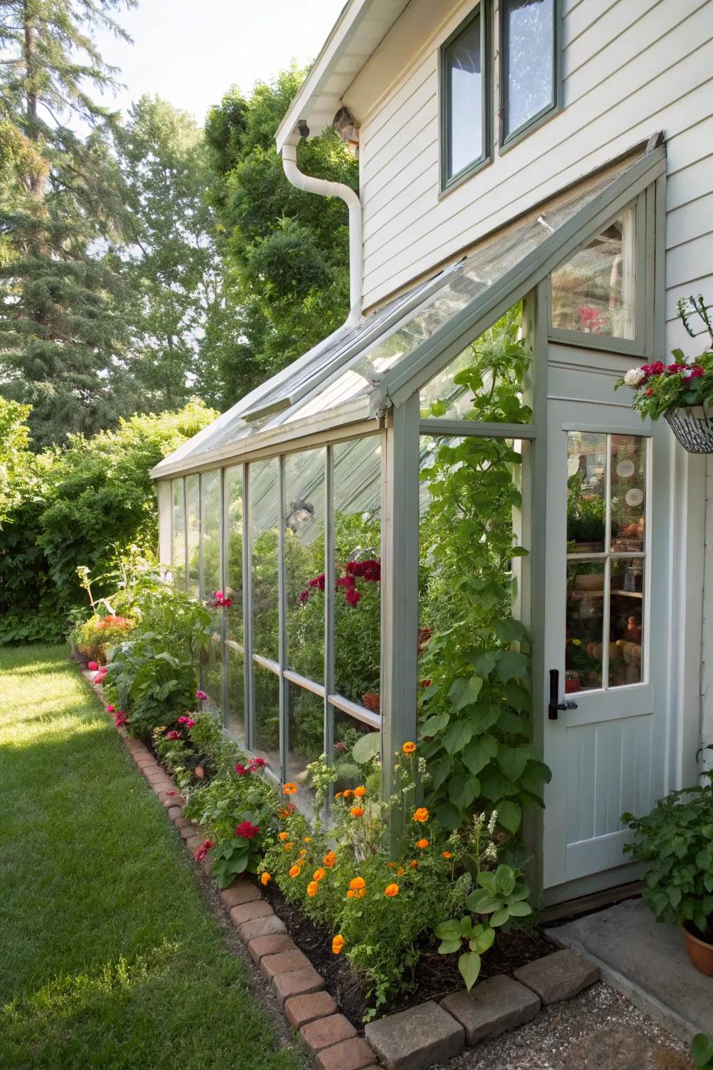 Space-saving lean-to greenhouse attached to a home.