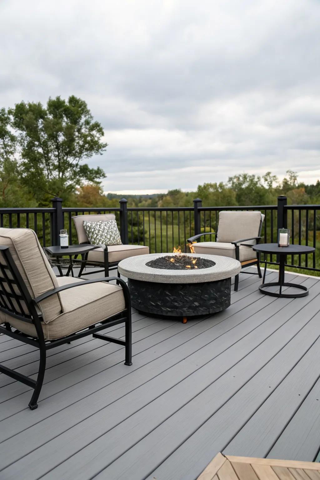 A central fire pit on a grey and black deck, creating a warm gathering spot.
