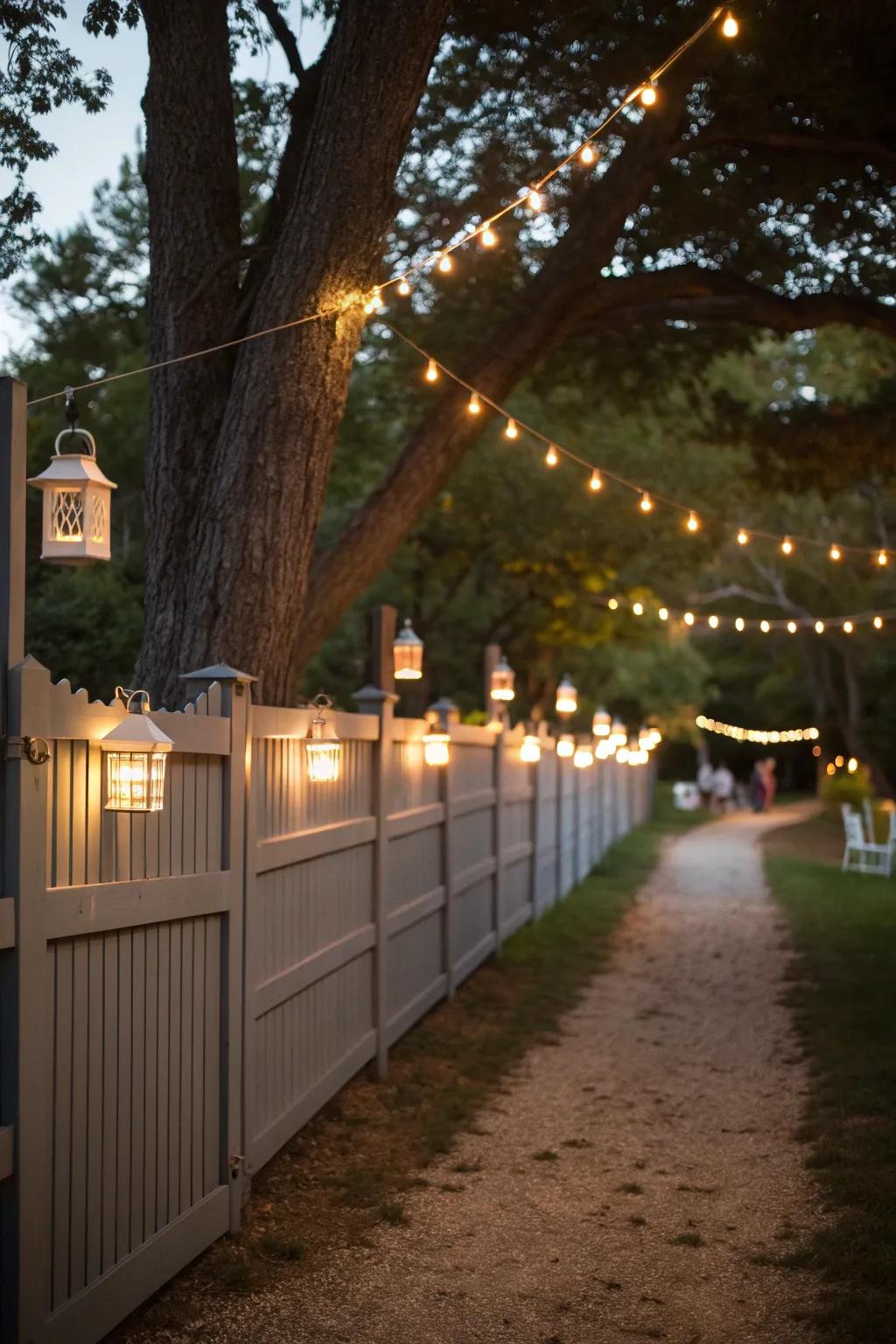 Ambient lighting adds a touch of magic to grey fences.