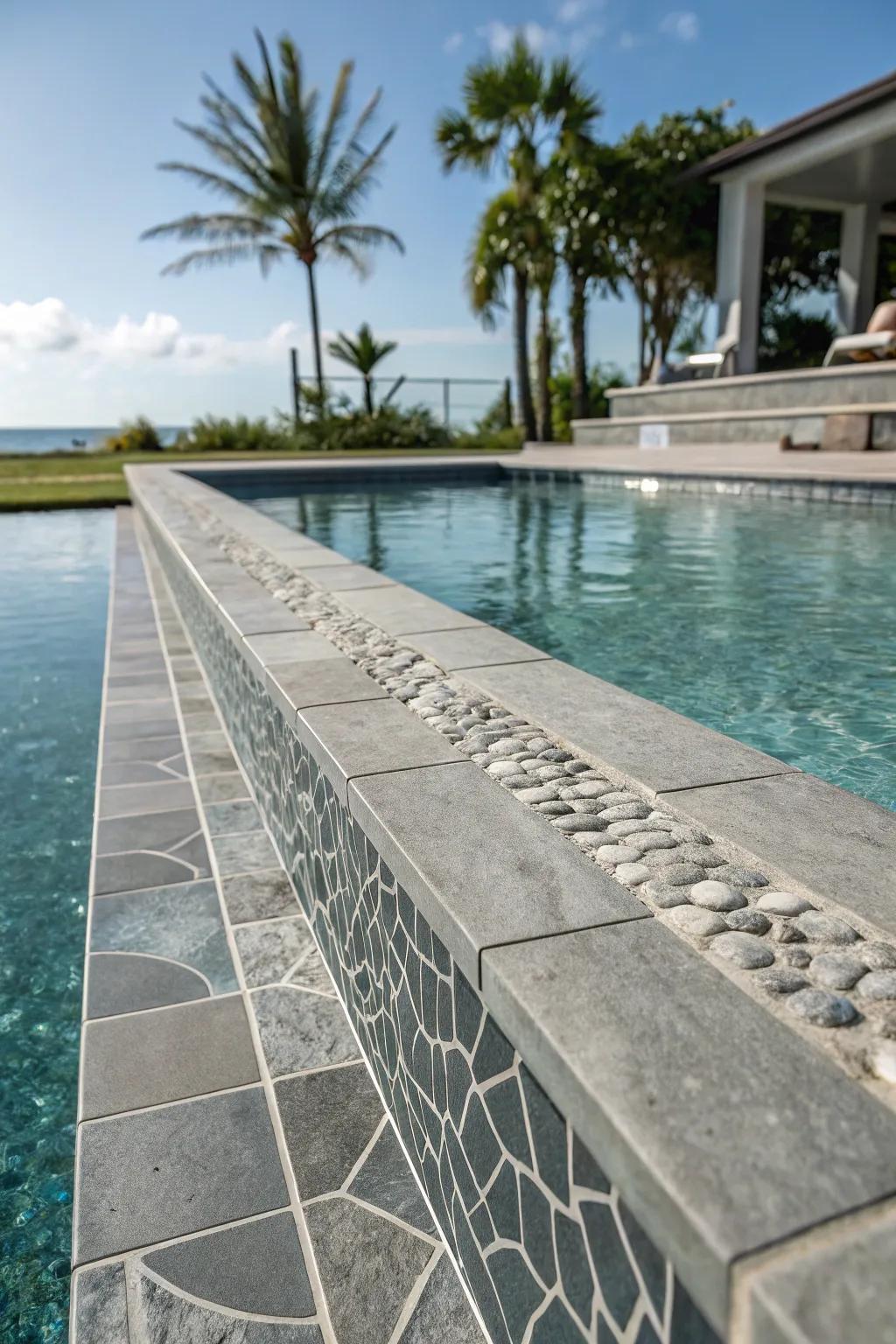 Textured grey tiles adding depth to pool design