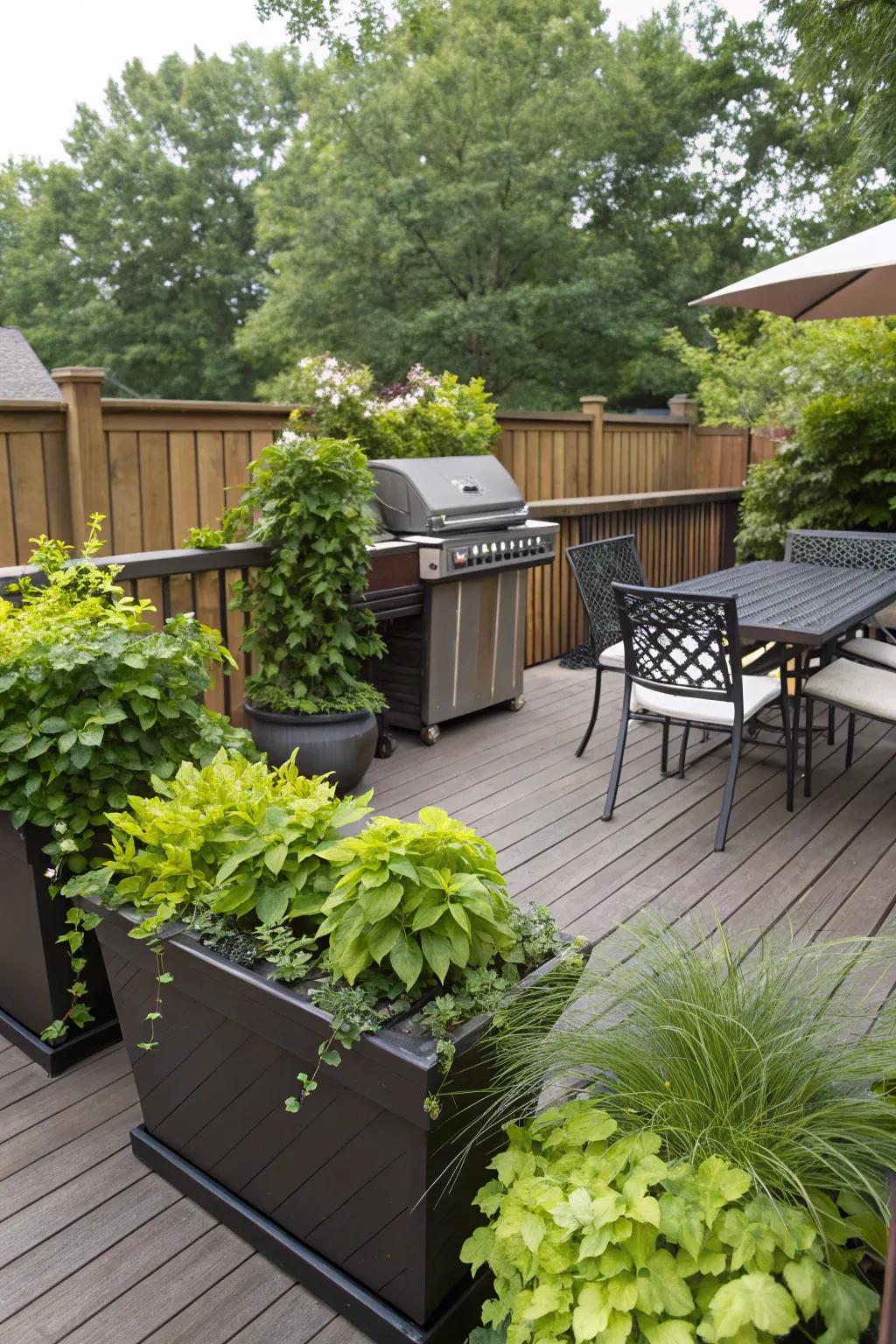 Lush greenery surrounding a grill, enhancing the deck's natural feel.