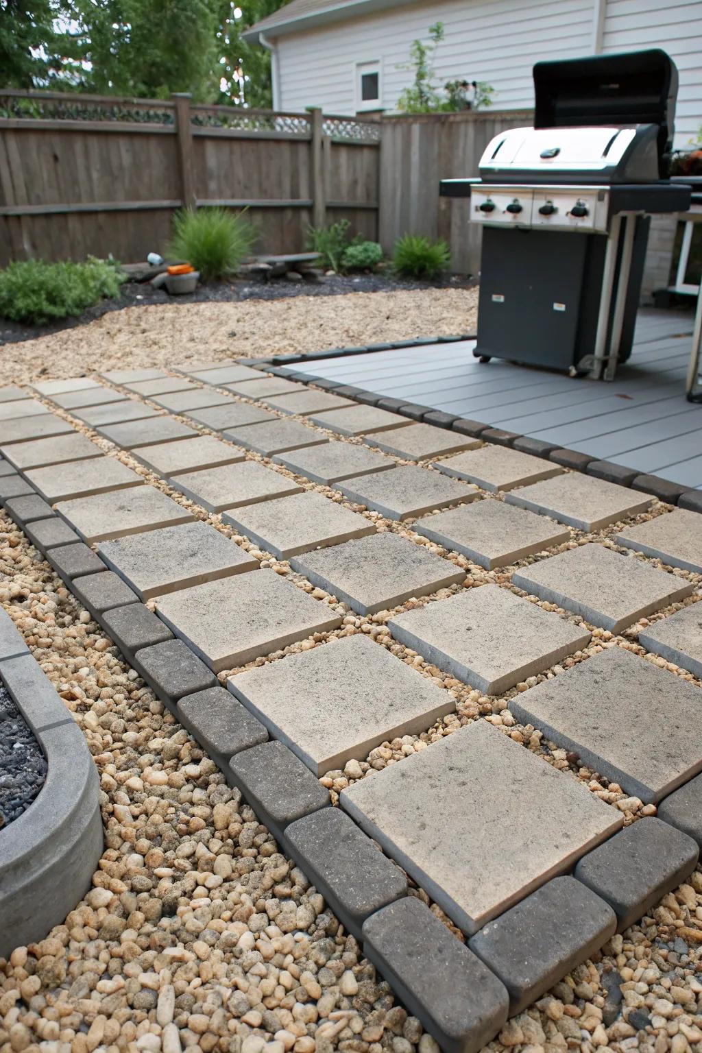 Decorative gravel adds texture and charm to the grill pad.