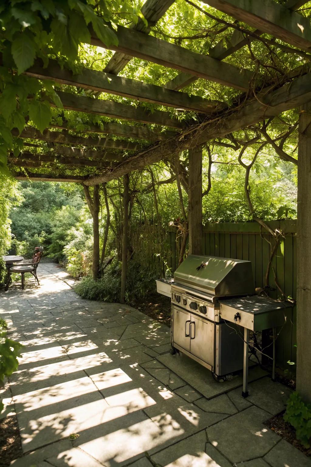 A pergola with vines creates a serene, natural canopy.