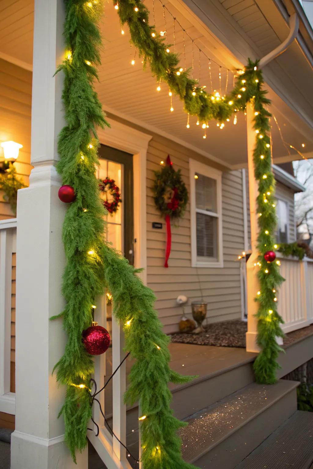 A DIY Grinch garland adds a personal and festive touch to the porch.