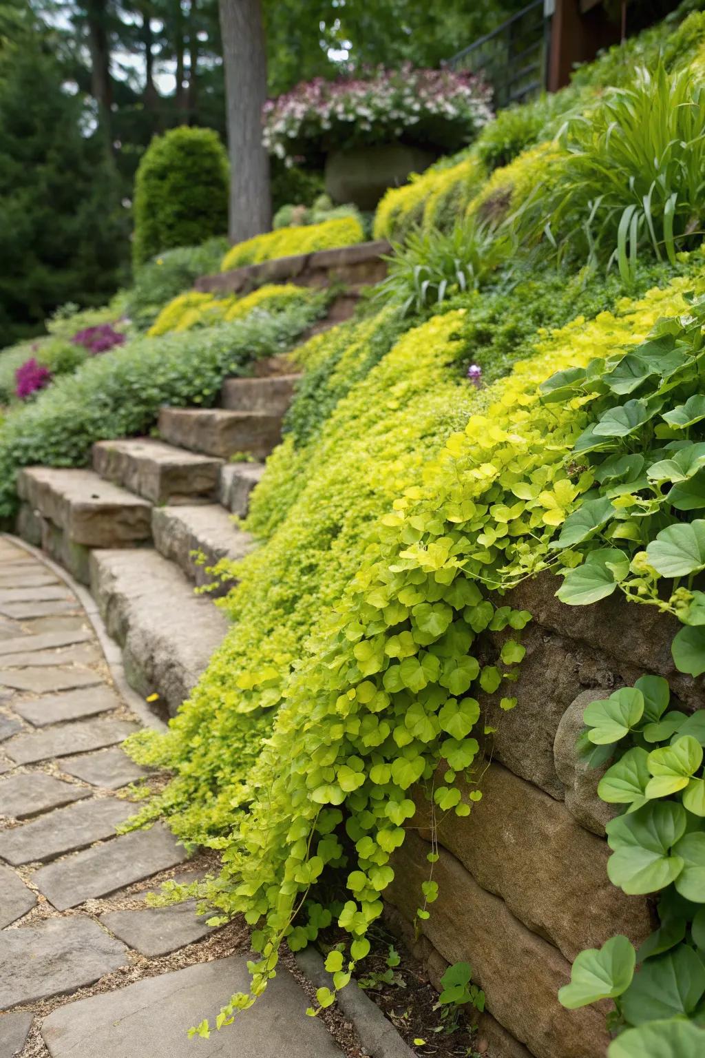 Creeping Jenny adds a pop of color and texture to sloped areas.