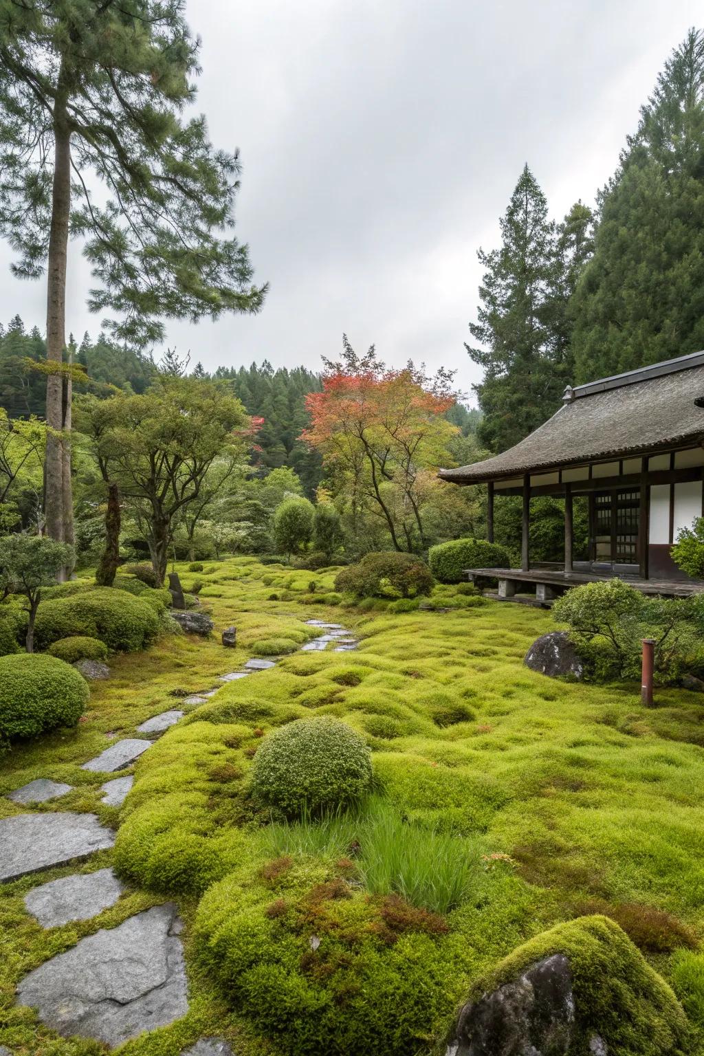Serene garden area beautifully covered with lush green moss
