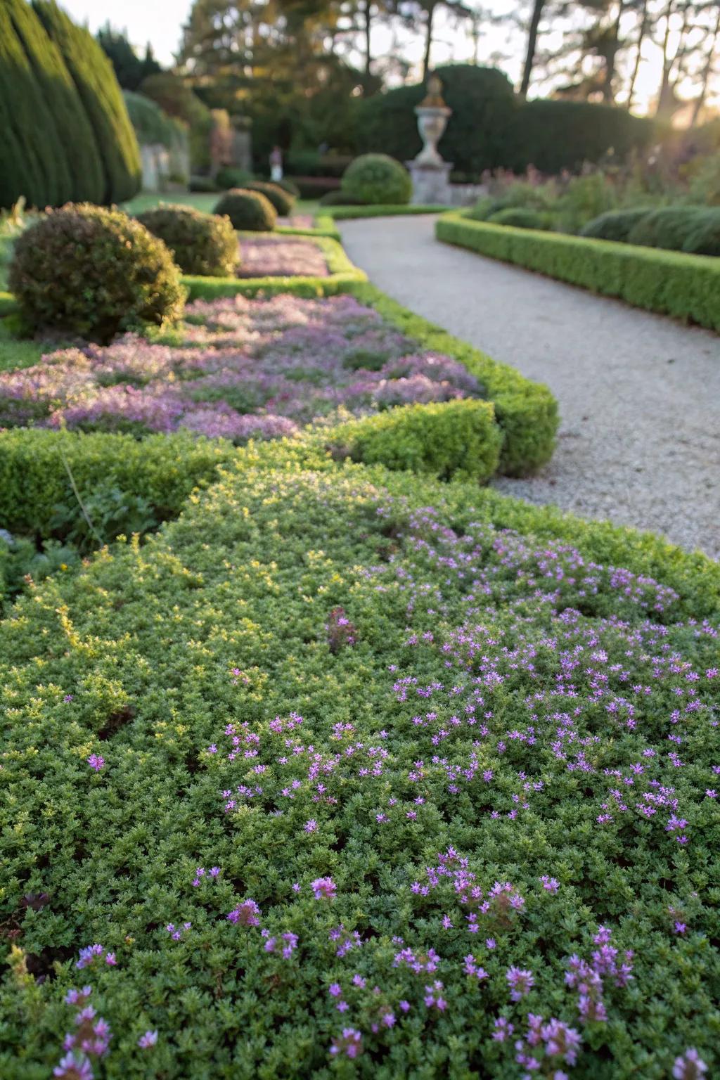 A lush and dense ground cover of creeping thyme, offering beauty with minimal care.