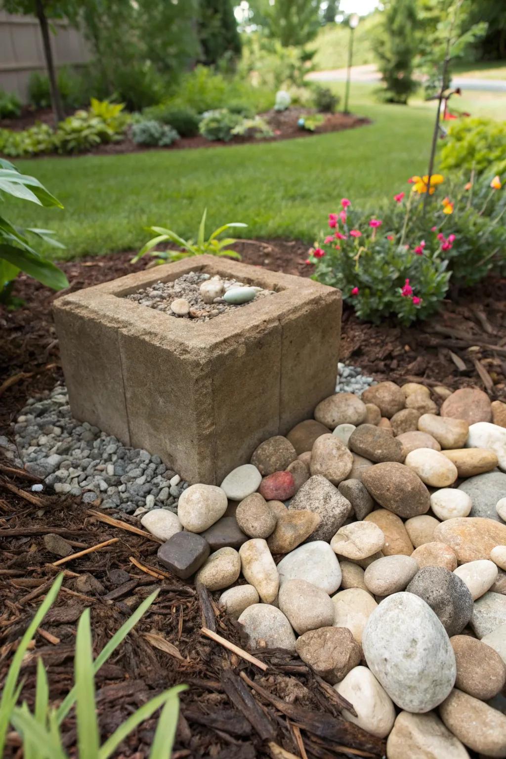 Mulch and stones add style and function to splash blocks.