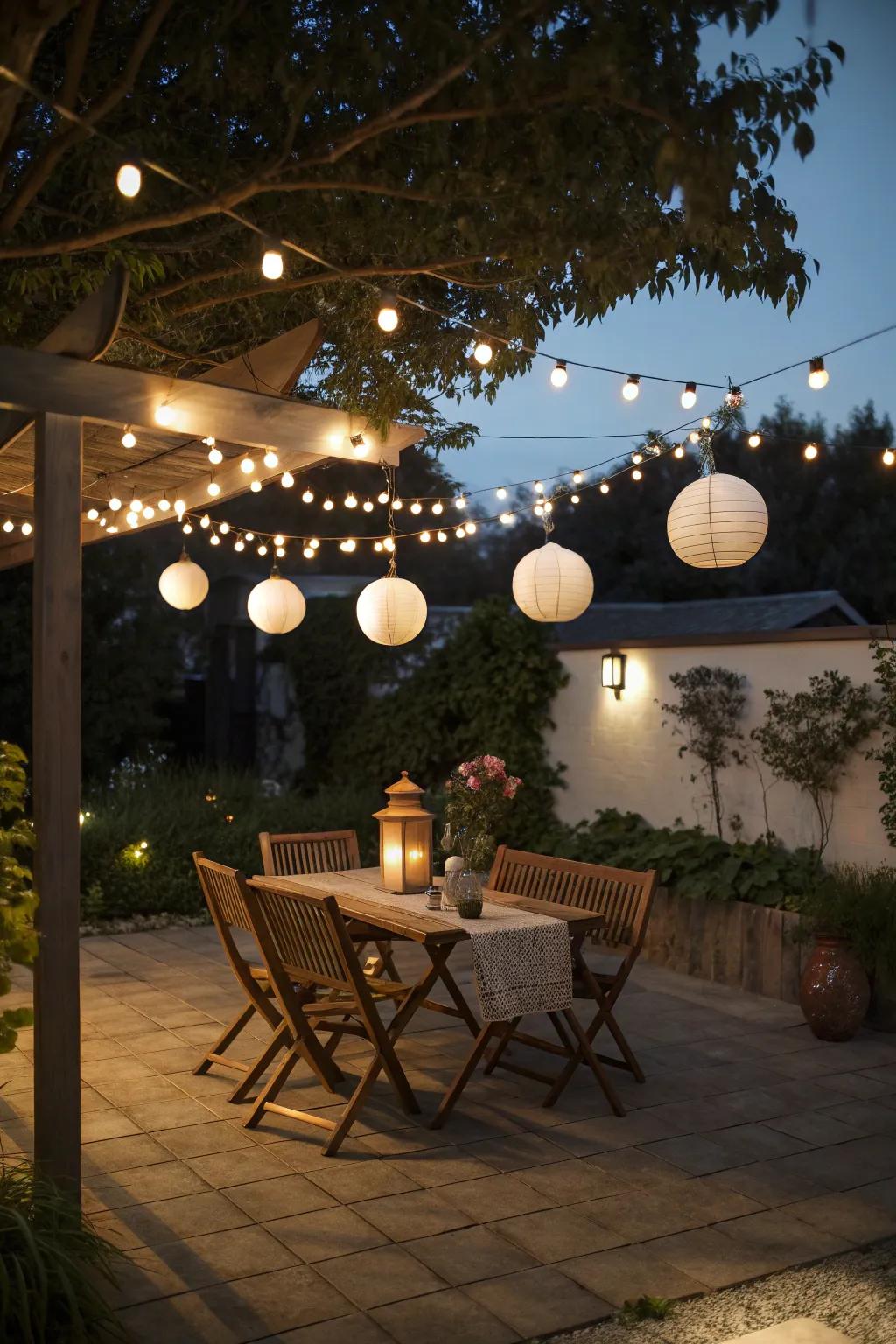 String lights and lanterns cast a warm glow over the patio.
